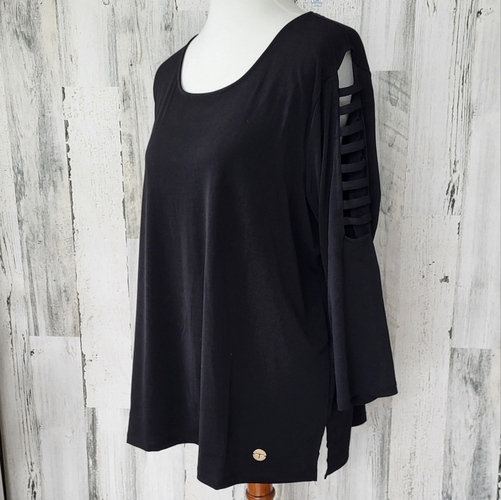 Tahari Woman Black Tunic Top Cut Out Sleeves